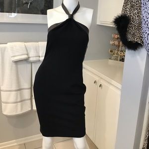 Bebe black cocktail dress w leather trim NWT